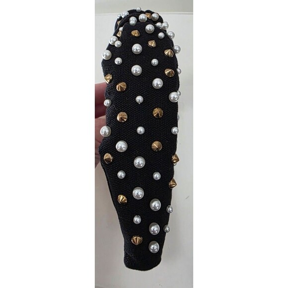 Lele Sadoughi woven pearl Knotted Headband Jet velvet Headband Gold stud main image 5